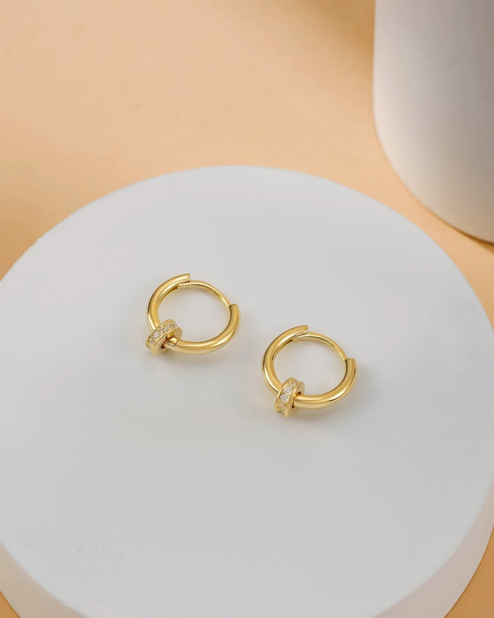 Gold Hoop Earrings with CZ Ring Charm