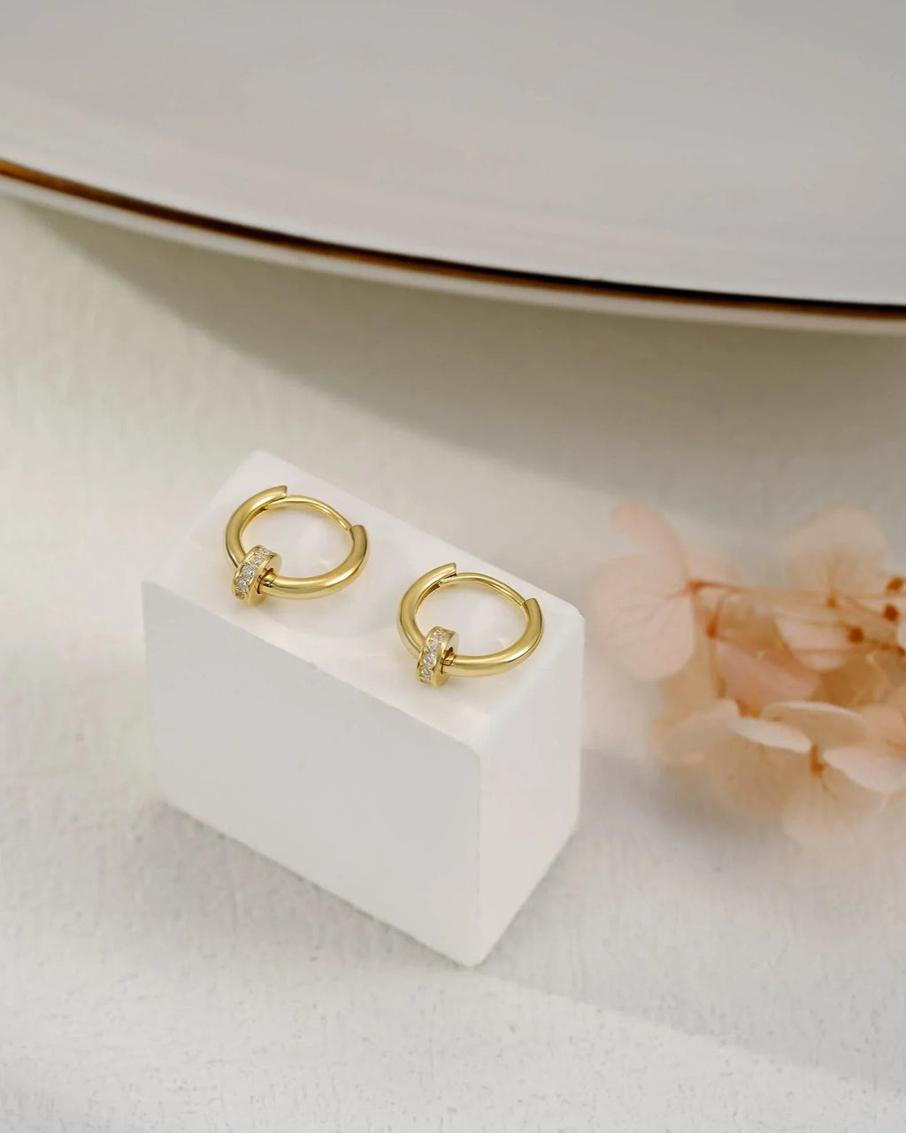 Gold Hoop Earrings with CZ Ring Charm