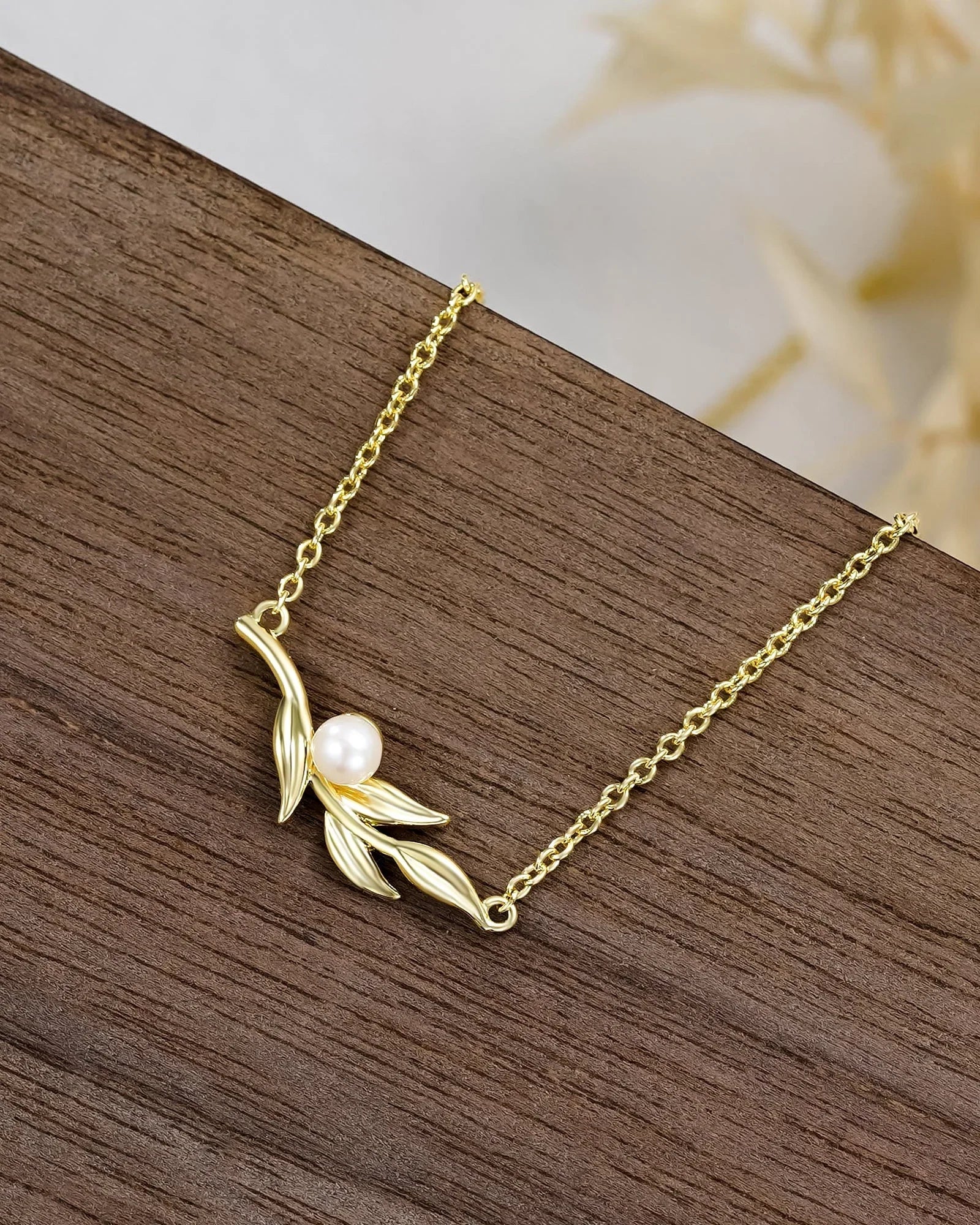 Gold Olive Branch Pearl Necklace