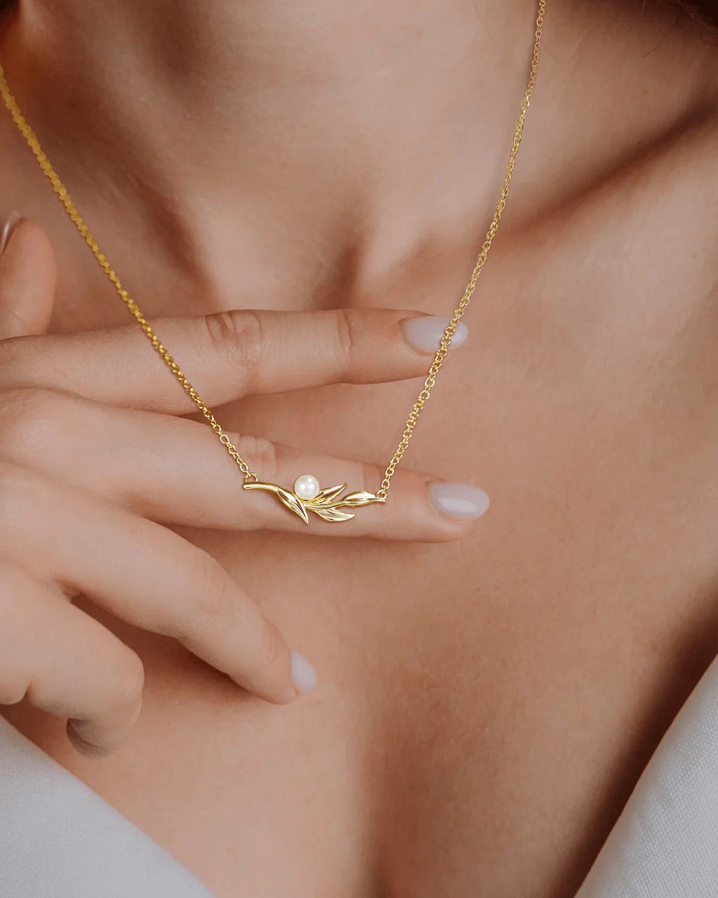 Gold Olive Branch Pearl Necklace