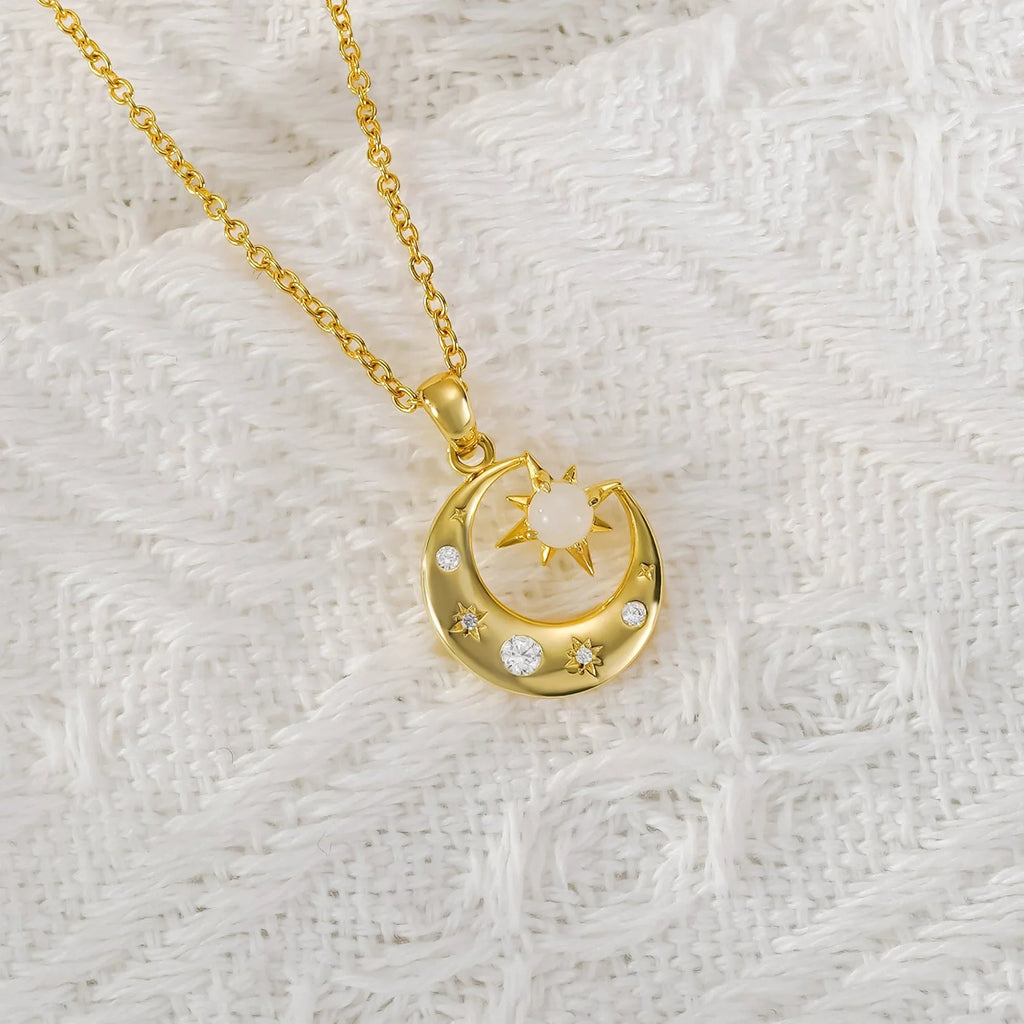 Gold Star & Moon White Opal Necklace