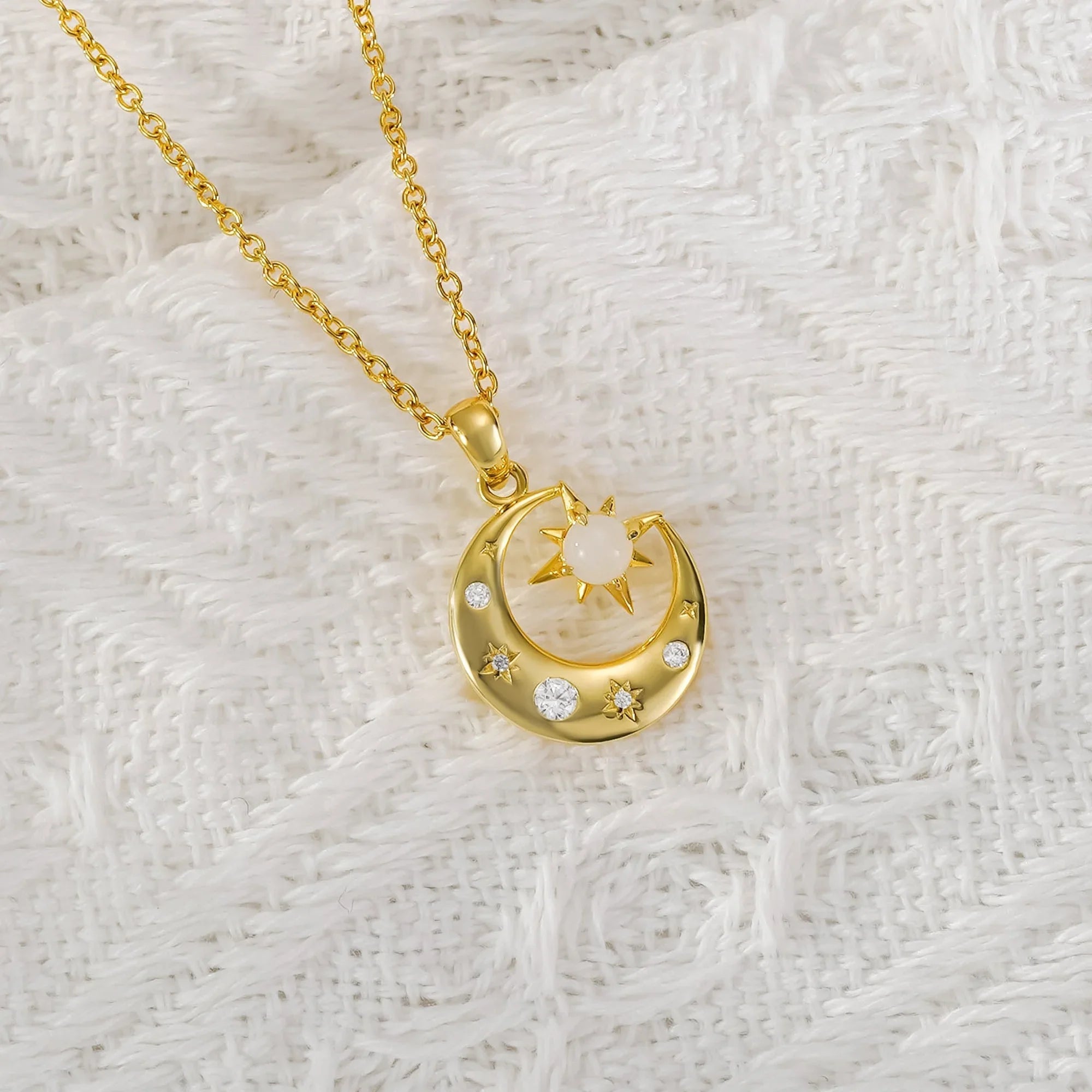 Gold Star & Moon White Opal Necklace