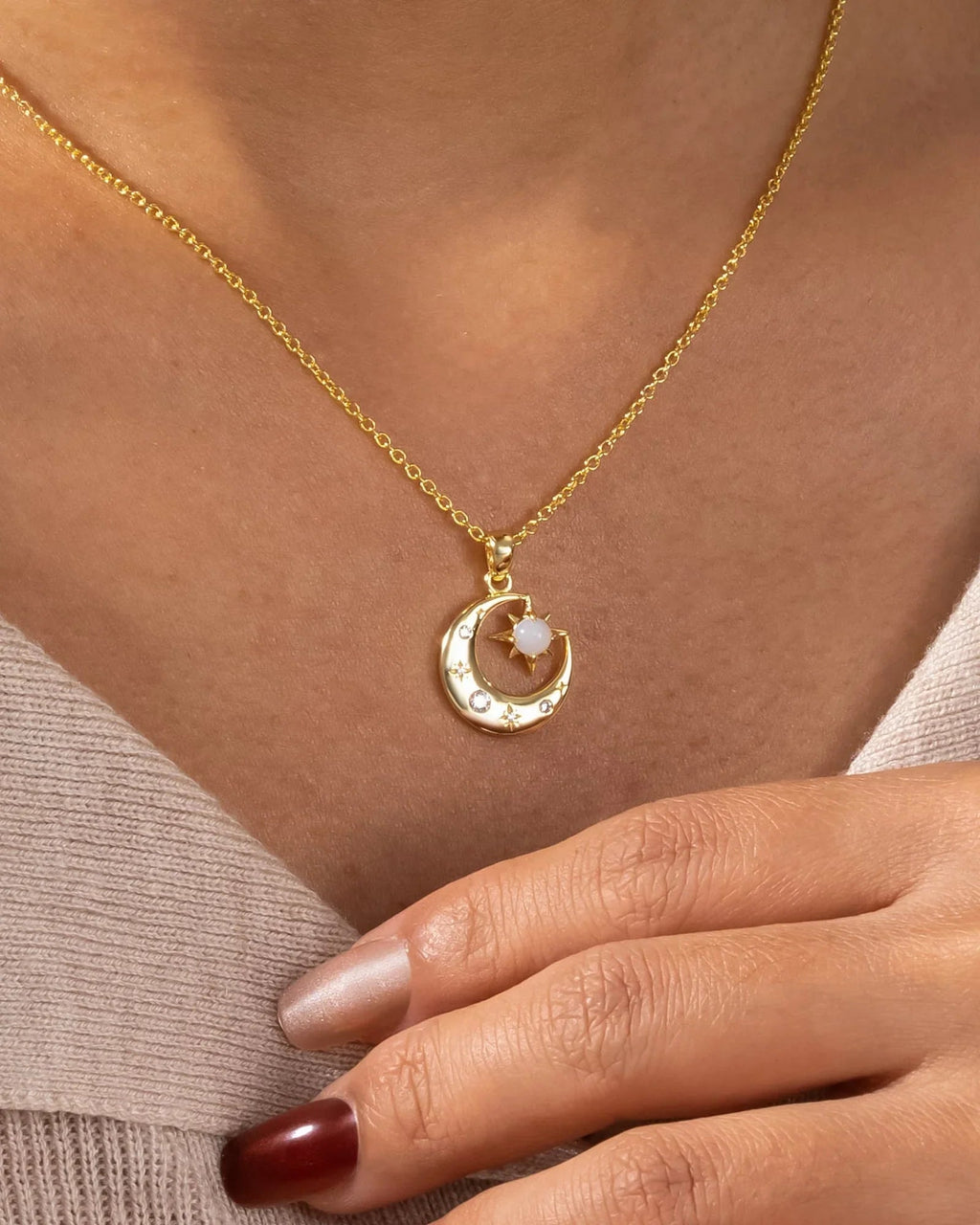 Gold Star & Moon White Opal Necklace