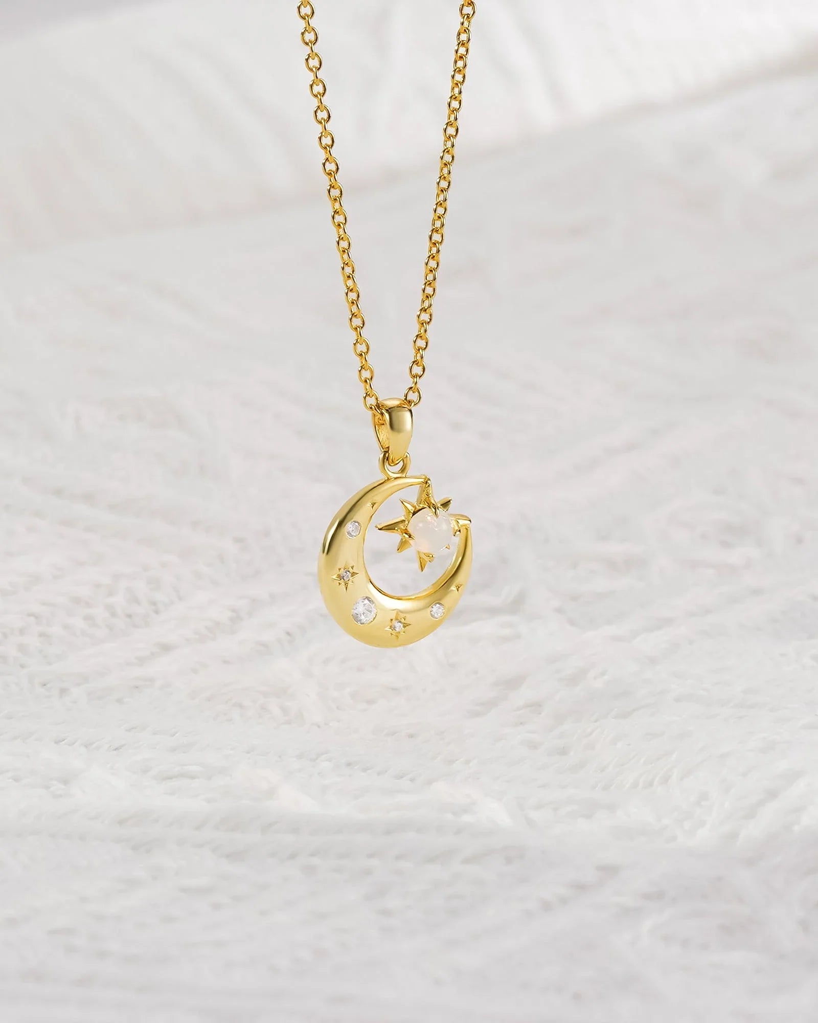 Gold Star & Moon White Opal Necklace