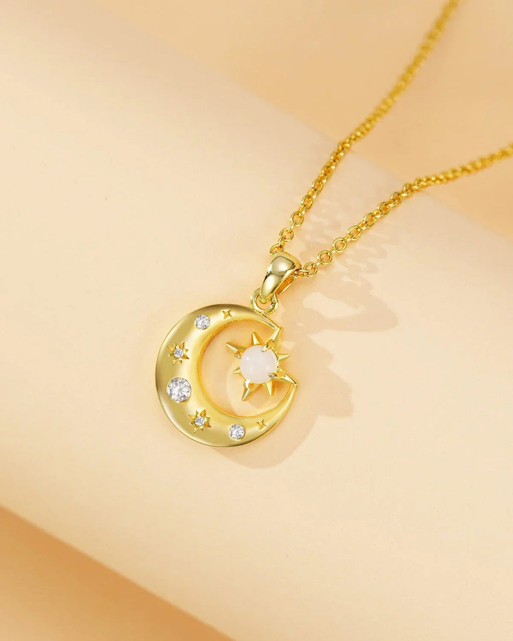 Gold Star & Moon White Opal Necklace