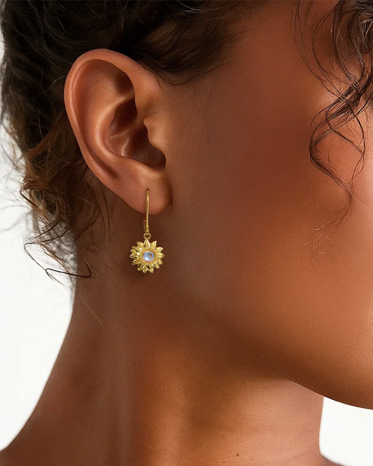 Gold Sunflower Earrings with Moonstone