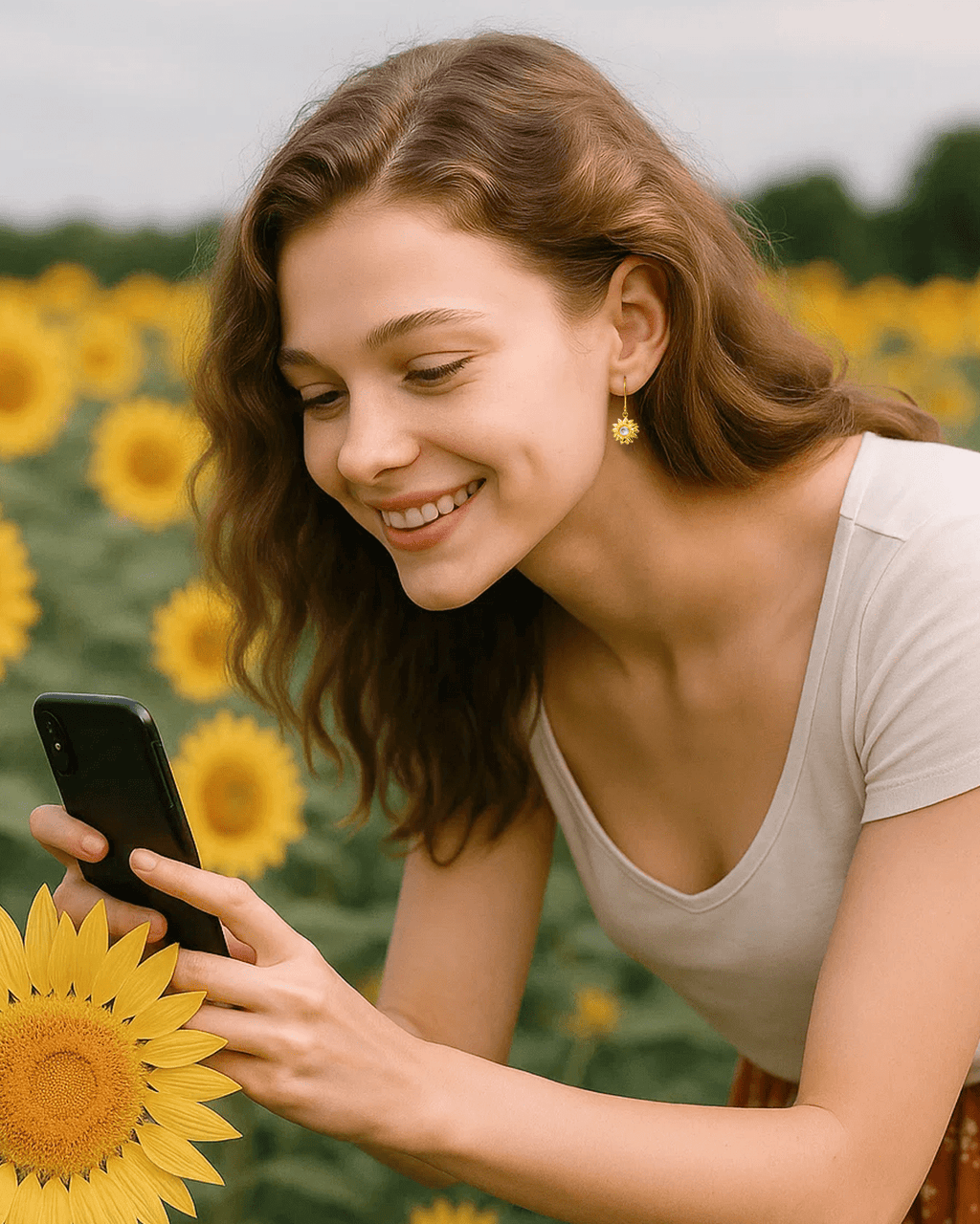 Gold Sunflower Earrings with Moonstone