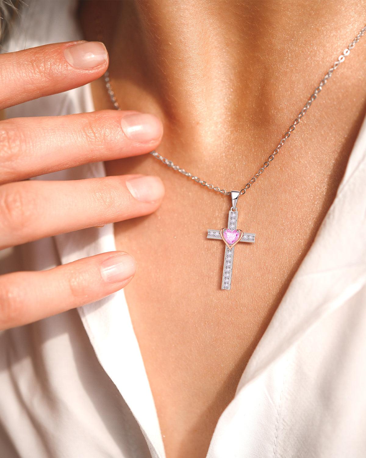 Heart Birthstone Cross Necklace