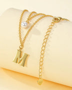 Layered Initial Letter Necklace with Pearl Charm