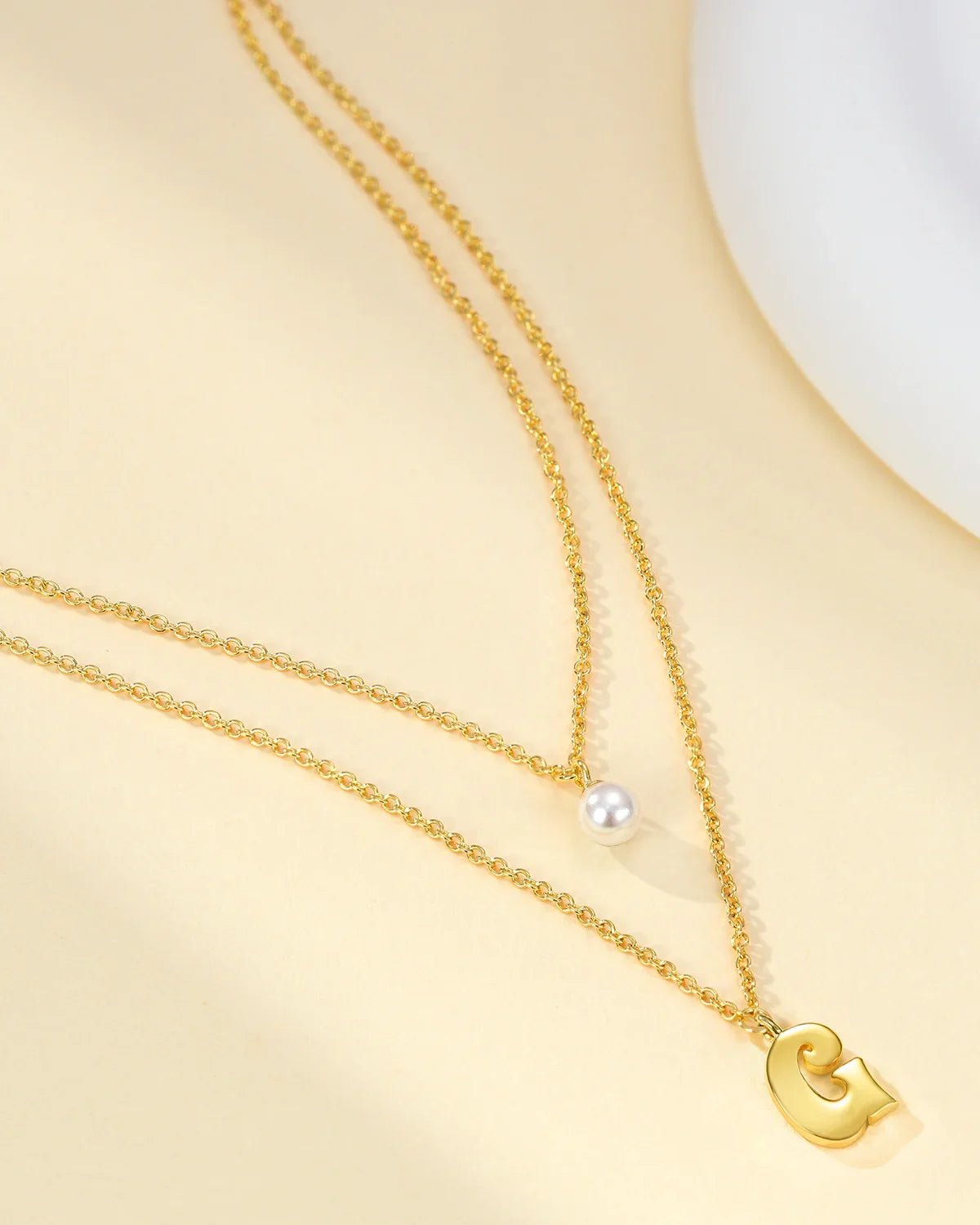 Layered Initial Letter Necklace with Pearl Charm