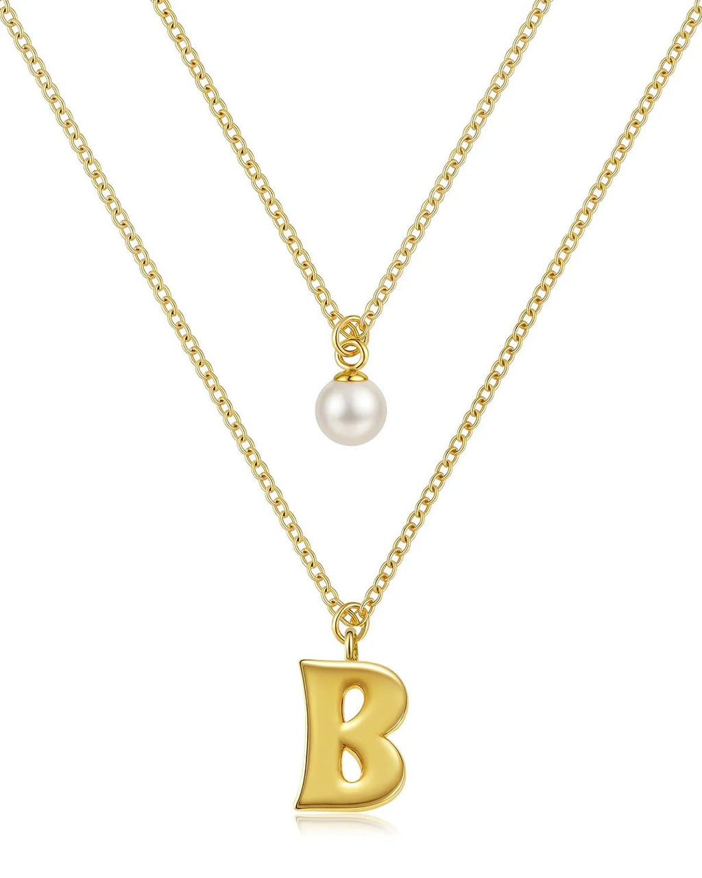 Layered Initial Letter Necklace with Pearl Charm