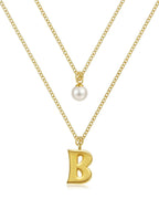 Layered Initial Letter Necklace with Pearl Charm