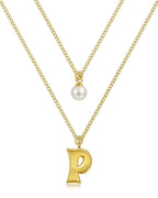 Layered Initial Letter Necklace with Pearl Charm