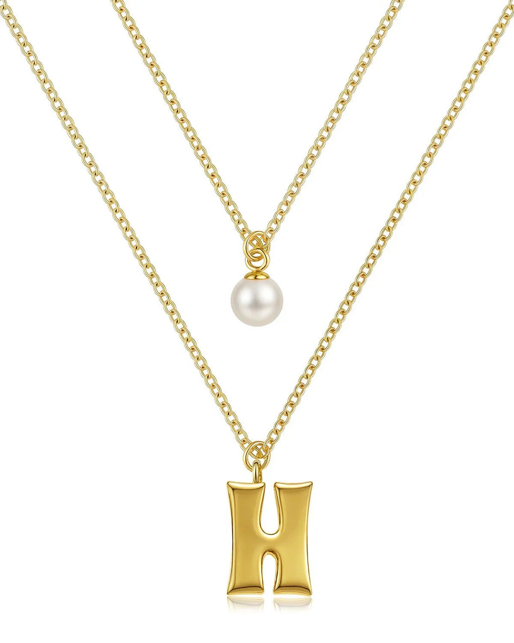 Layered Initial Letter Necklace with Pearl Charm