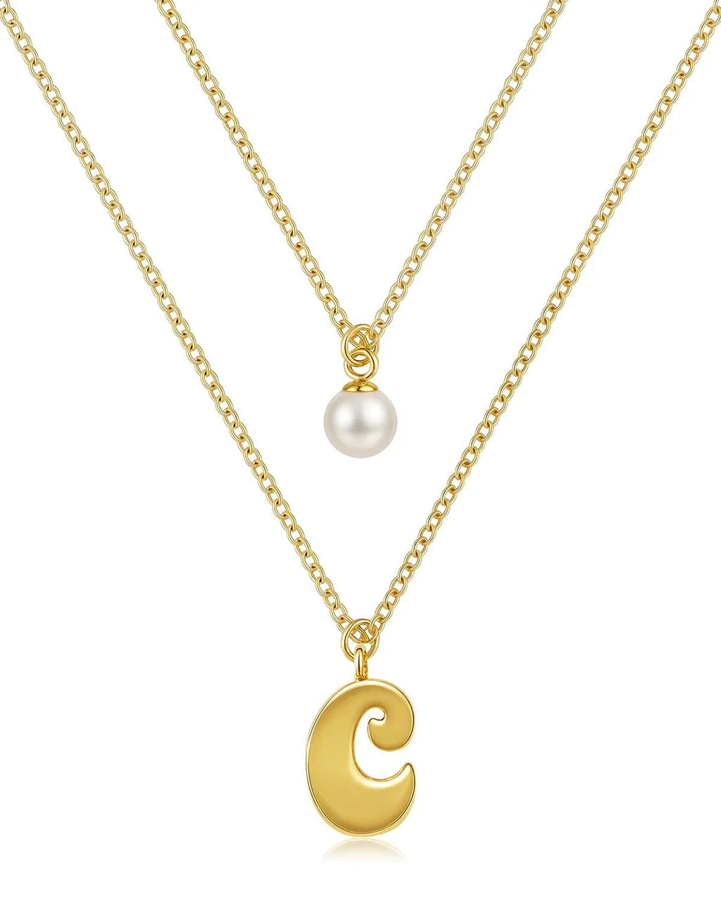Layered Initial Letter Necklace with Pearl Charm
