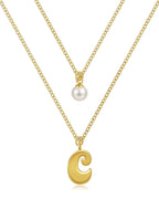 Layered Initial Letter Necklace with Pearl Charm