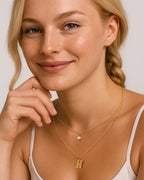 Layered Initial Letter Necklace with Pearl Charm