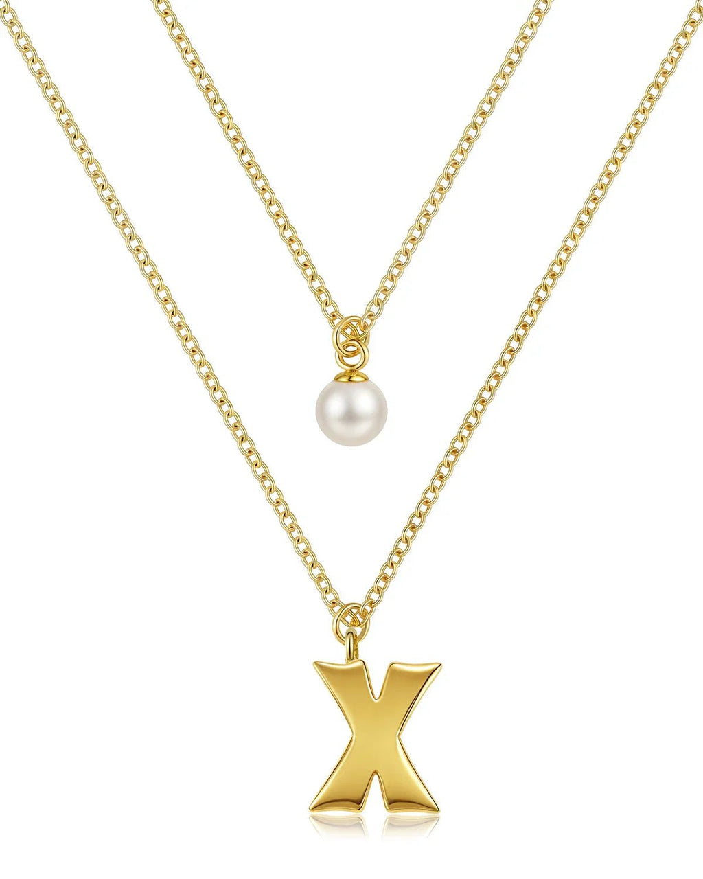 Layered Initial Letter Necklace with Pearl Charm