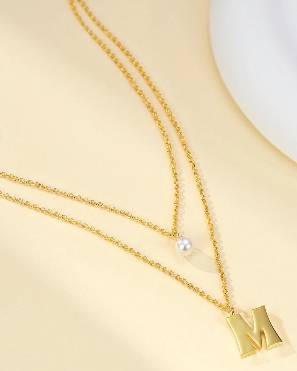 Layered Initial Letter Necklace with Pearl Charm