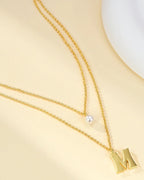 Layered Initial Letter Necklace with Pearl Charm
