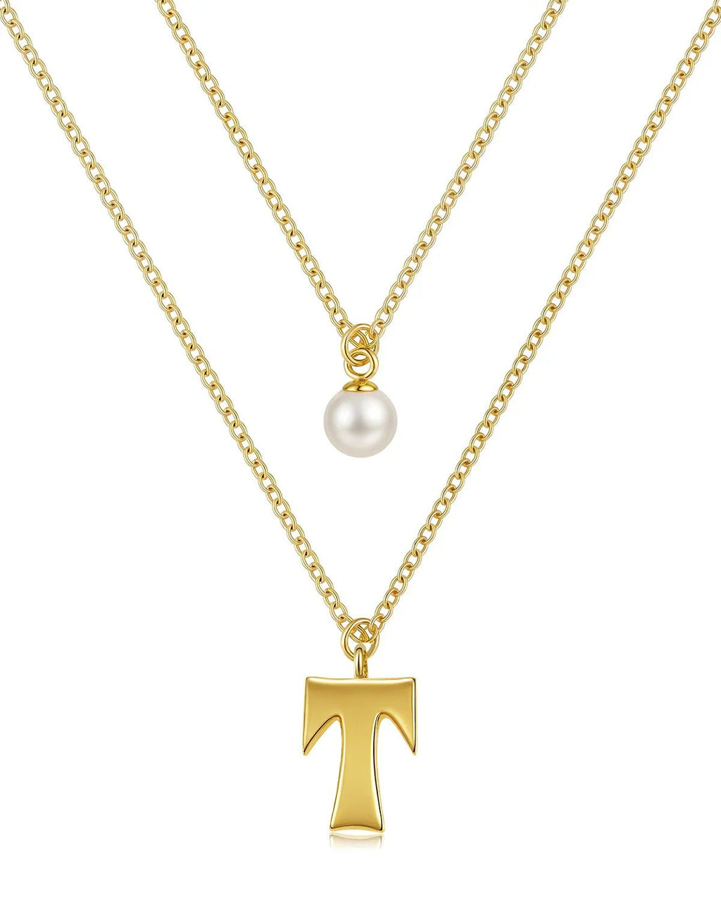 Layered Initial Letter Necklace with Pearl Charm