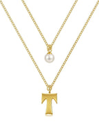 Layered Initial Letter Necklace with Pearl Charm