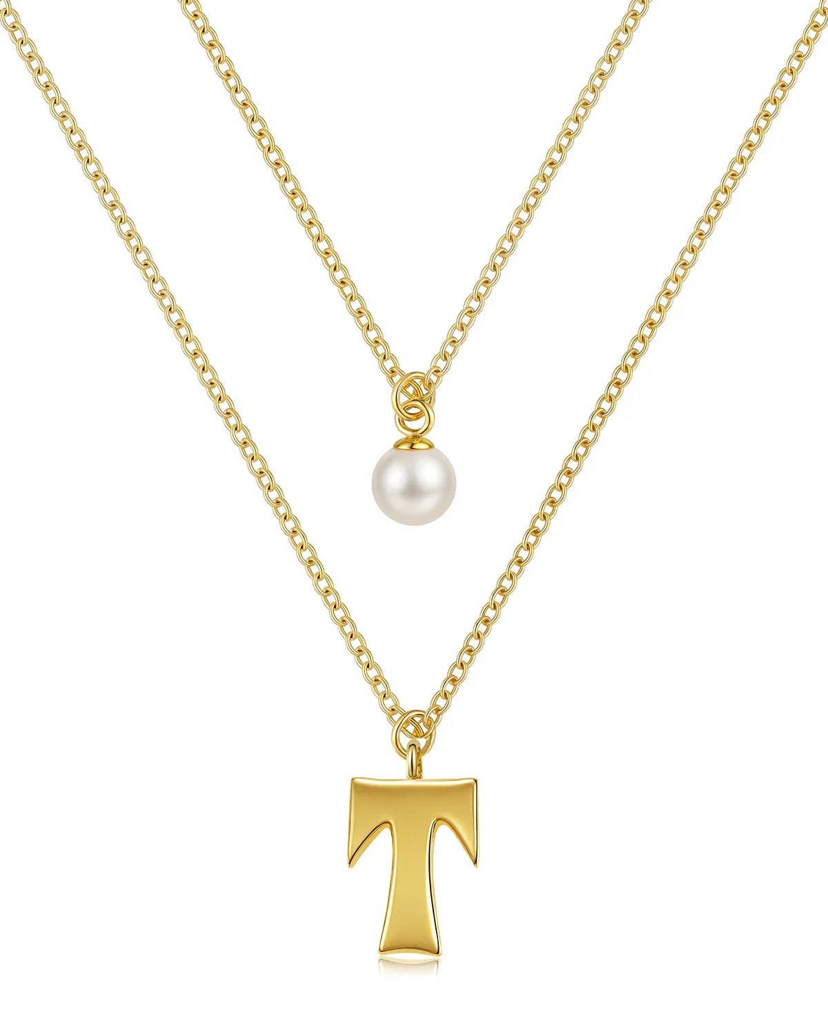 Layered Initial Letter Necklace with Pearl Charm