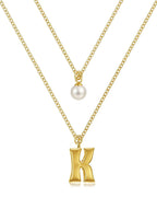 Layered Initial Letter Necklace with Pearl Charm