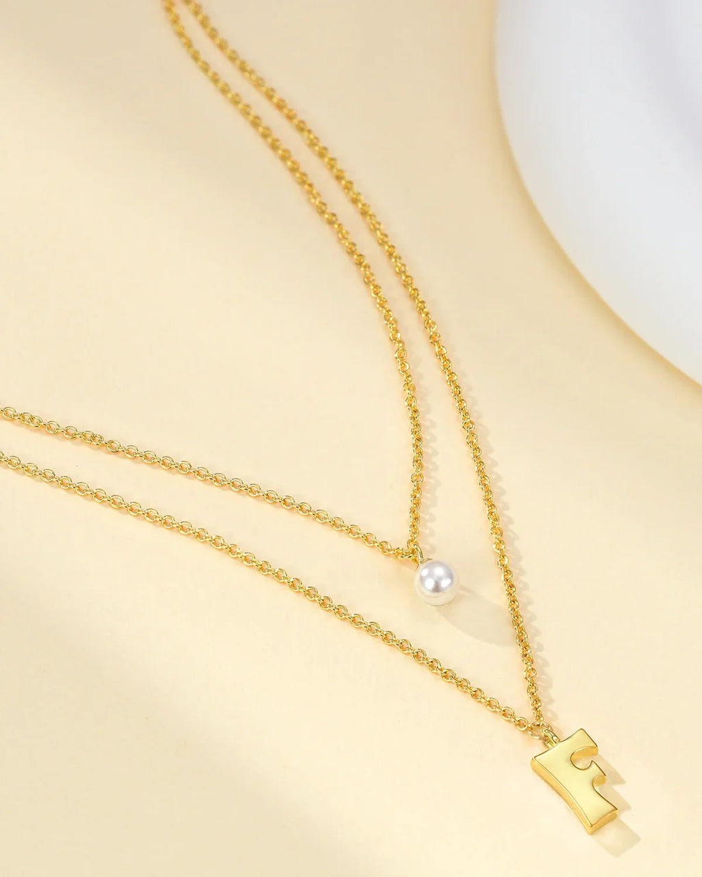 Layered Initial Letter Necklace with Pearl Charm