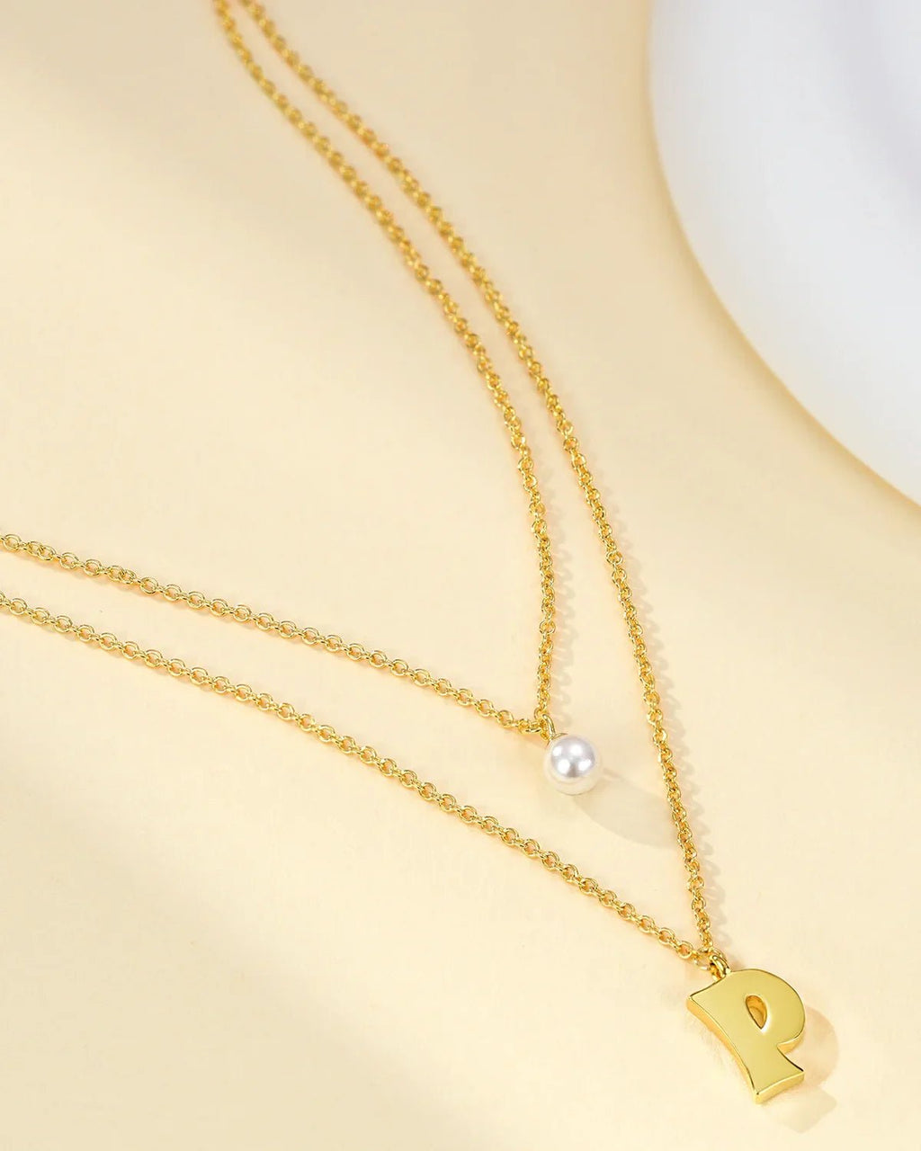 Layered Initial Letter Necklace with Pearl Charm