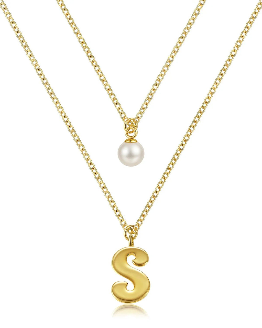 Layered Initial Letter Necklace with Pearl Charm