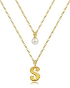 Layered Initial Letter Necklace with Pearl Charm