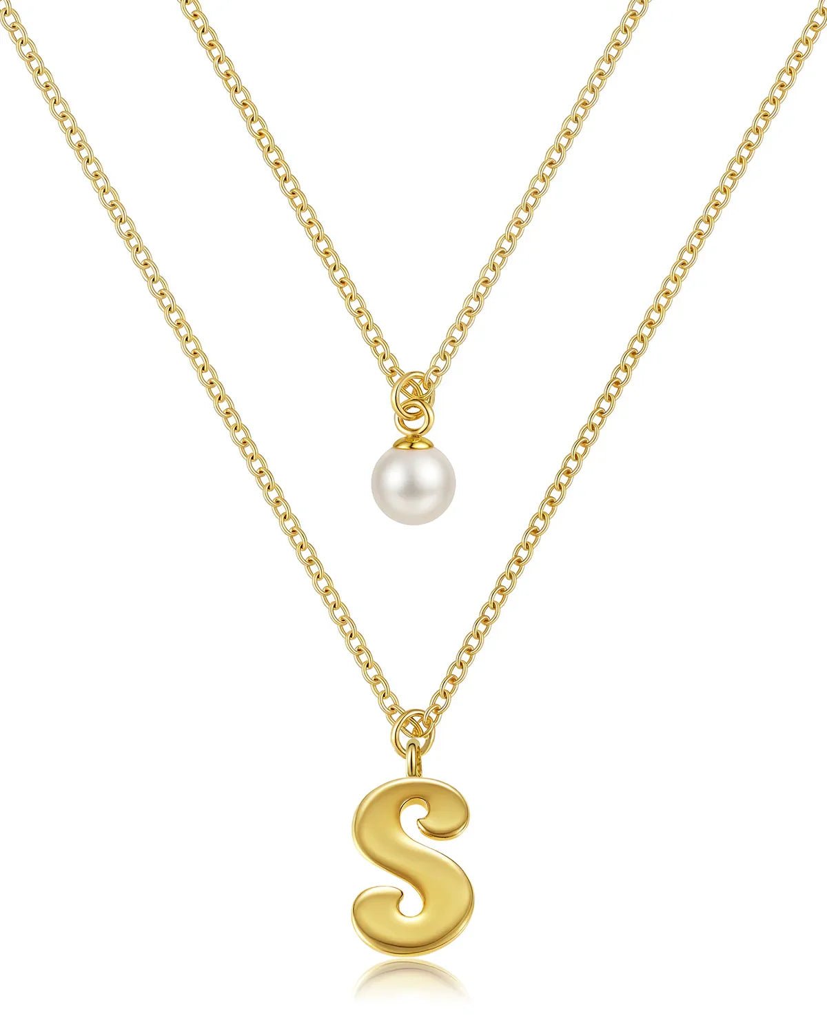 Layered Initial Letter Necklace with Pearl Charm