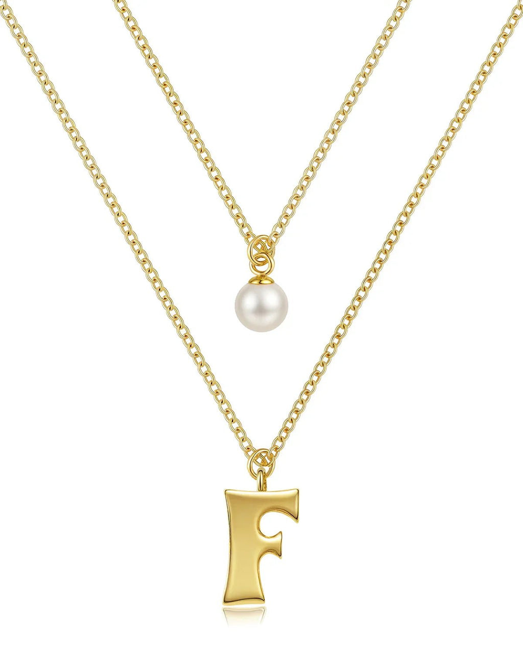 Layered Initial Letter Necklace with Pearl Charm