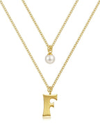 Layered Initial Letter Necklace with Pearl Charm