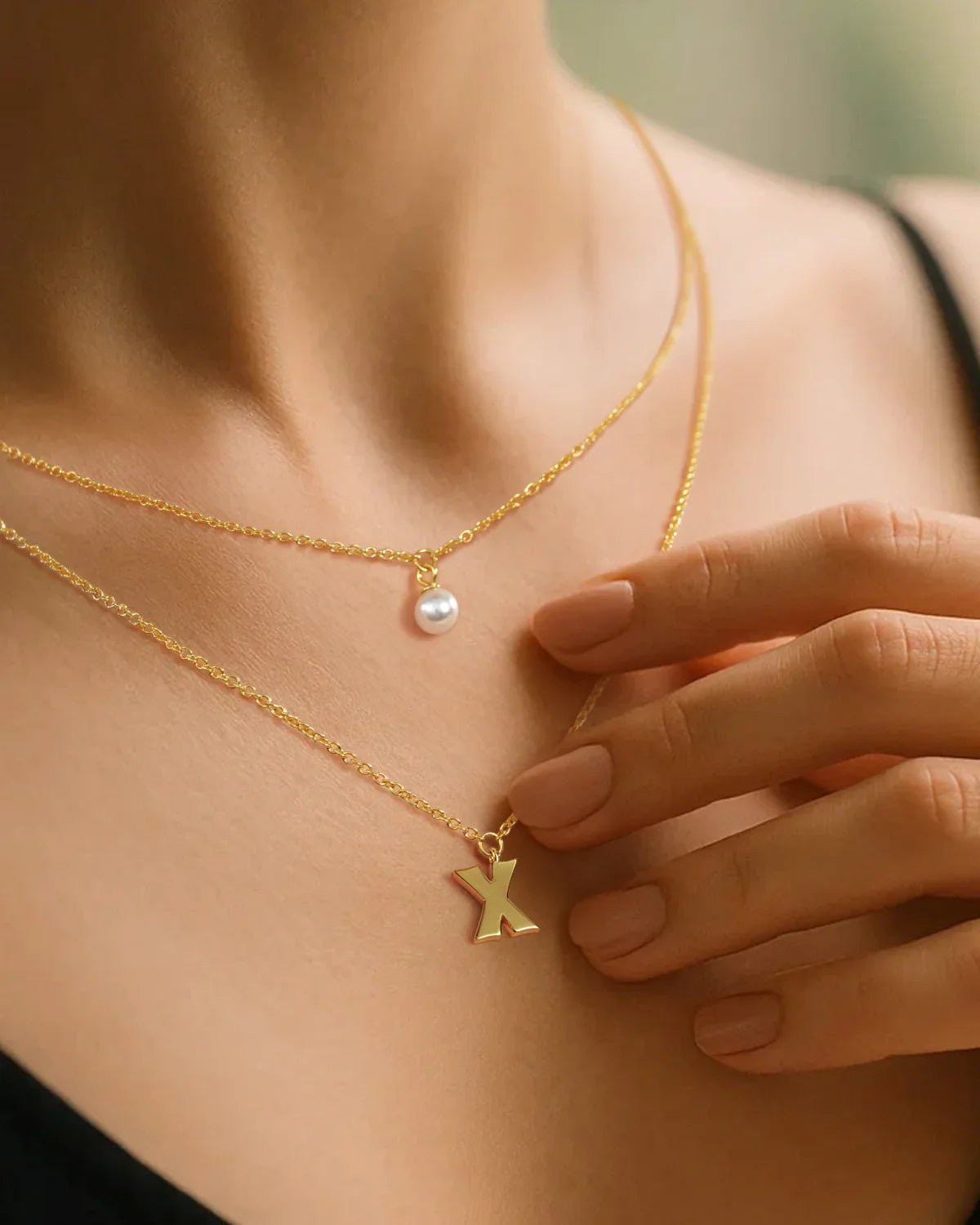 Layered Initial Letter Necklace with Pearl Charm