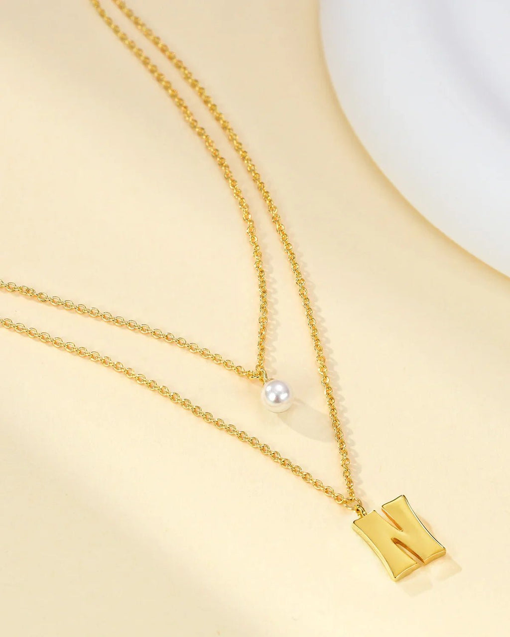 Layered Initial Letter Necklace with Pearl Charm