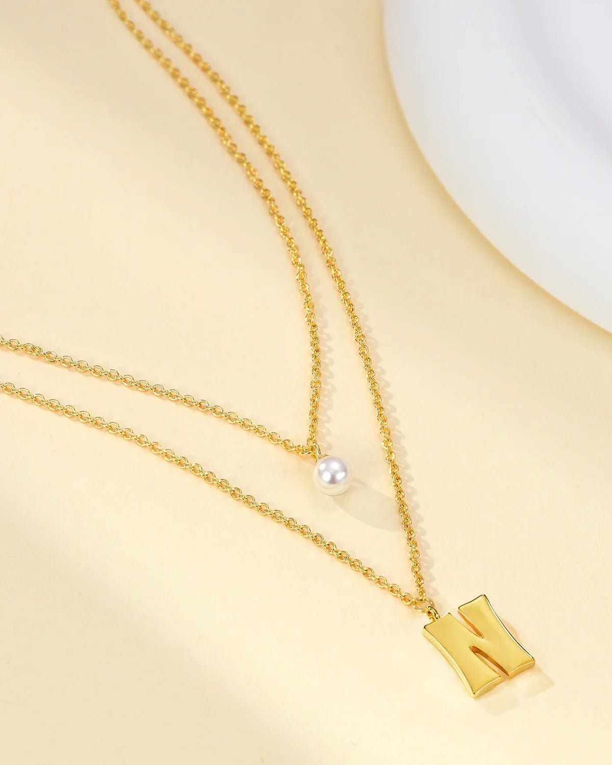 Layered Initial Letter Necklace with Pearl Charm