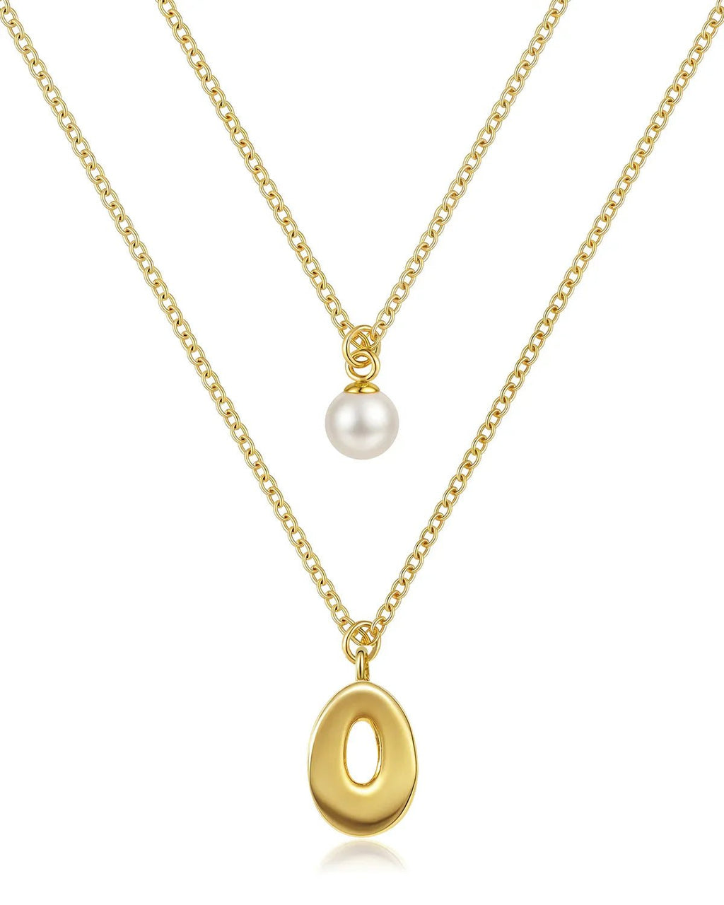 Layered Initial Letter Necklace with Pearl Charm