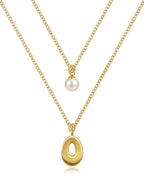 Layered Initial Letter Necklace with Pearl Charm