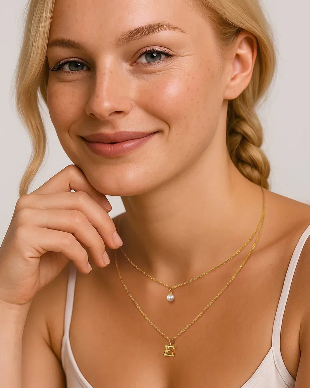 Layered Initial Letter Necklace with Pearl Charm