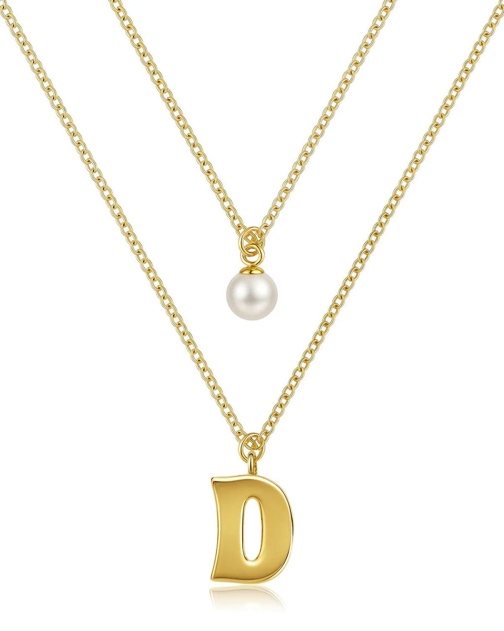 Layered Initial Letter Necklace with Pearl Charm