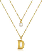 Layered Initial Letter Necklace with Pearl Charm