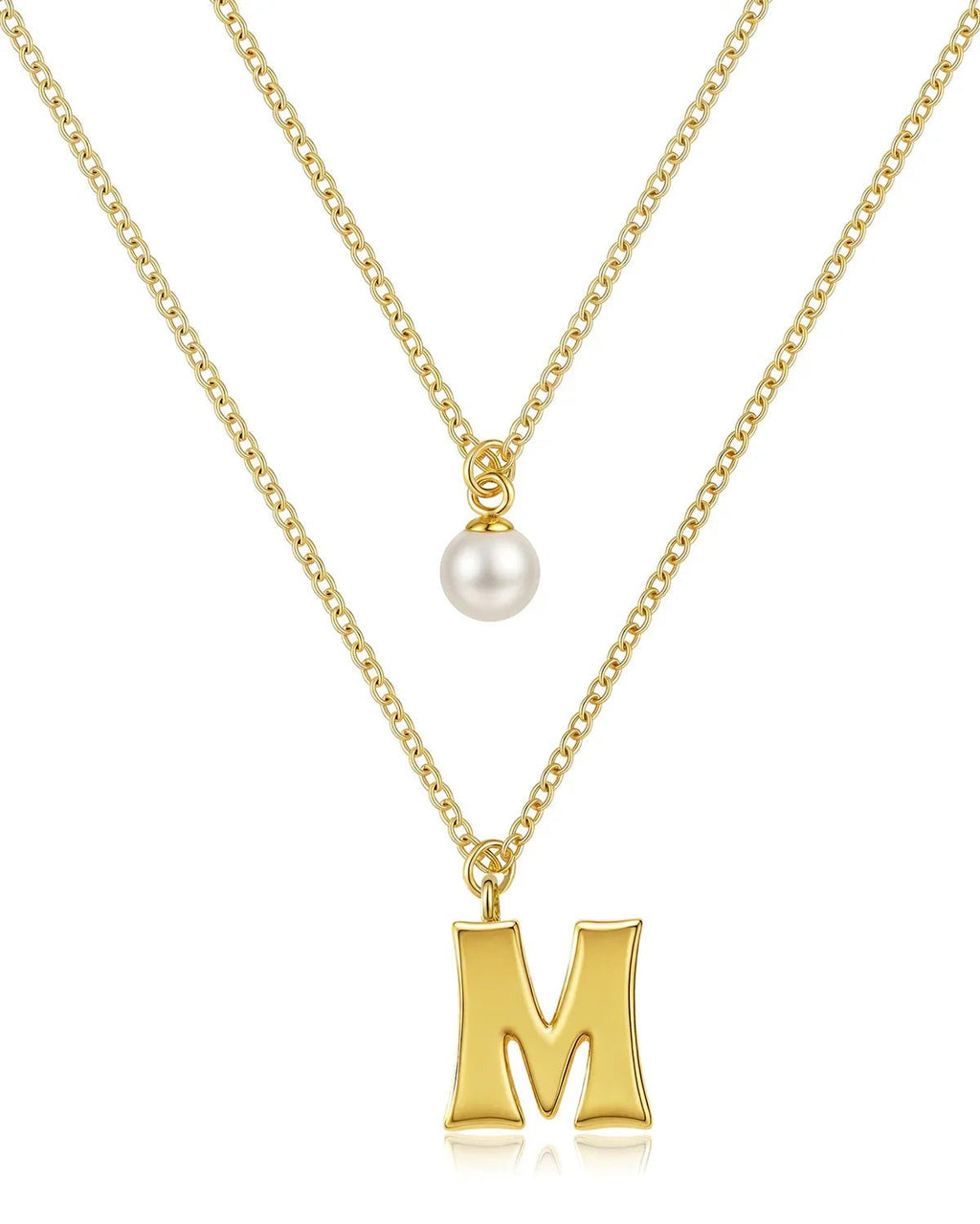 Layered Initial Letter Necklace with Pearl Charm