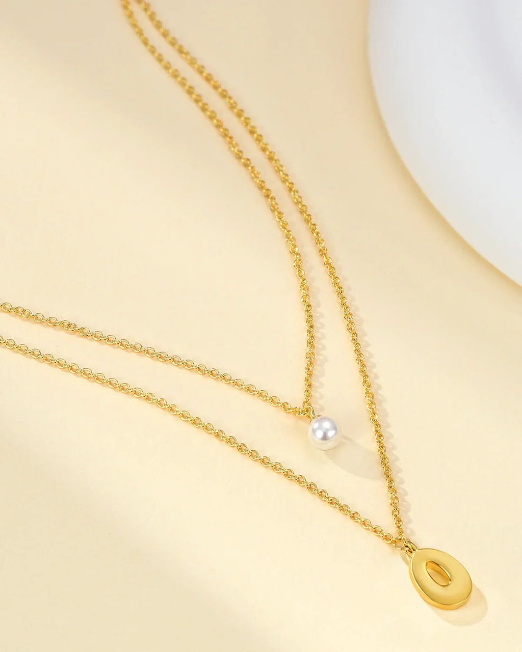 Layered Initial Letter Necklace with Pearl Charm