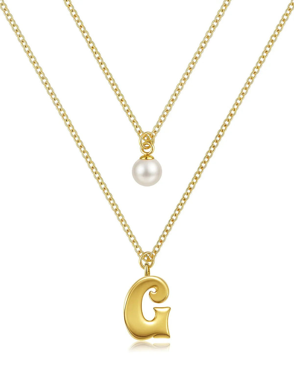 Layered Initial Letter Necklace with Pearl Charm