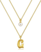 Layered Initial Letter Necklace with Pearl Charm