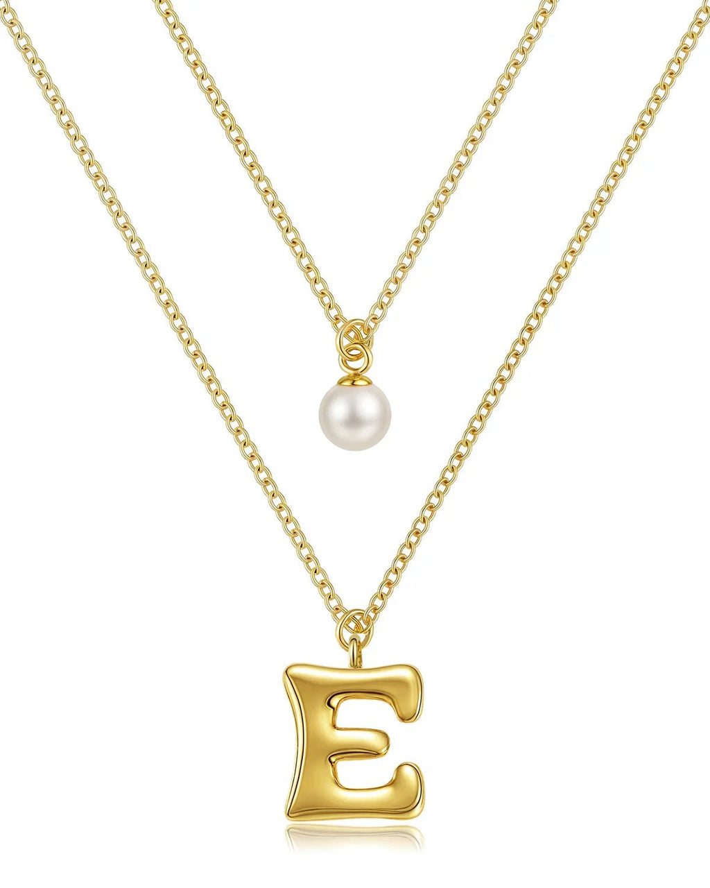 Layered Initial Letter Necklace with Pearl Charm