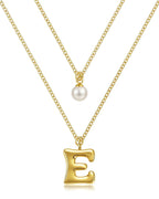 Layered Initial Letter Necklace with Pearl Charm