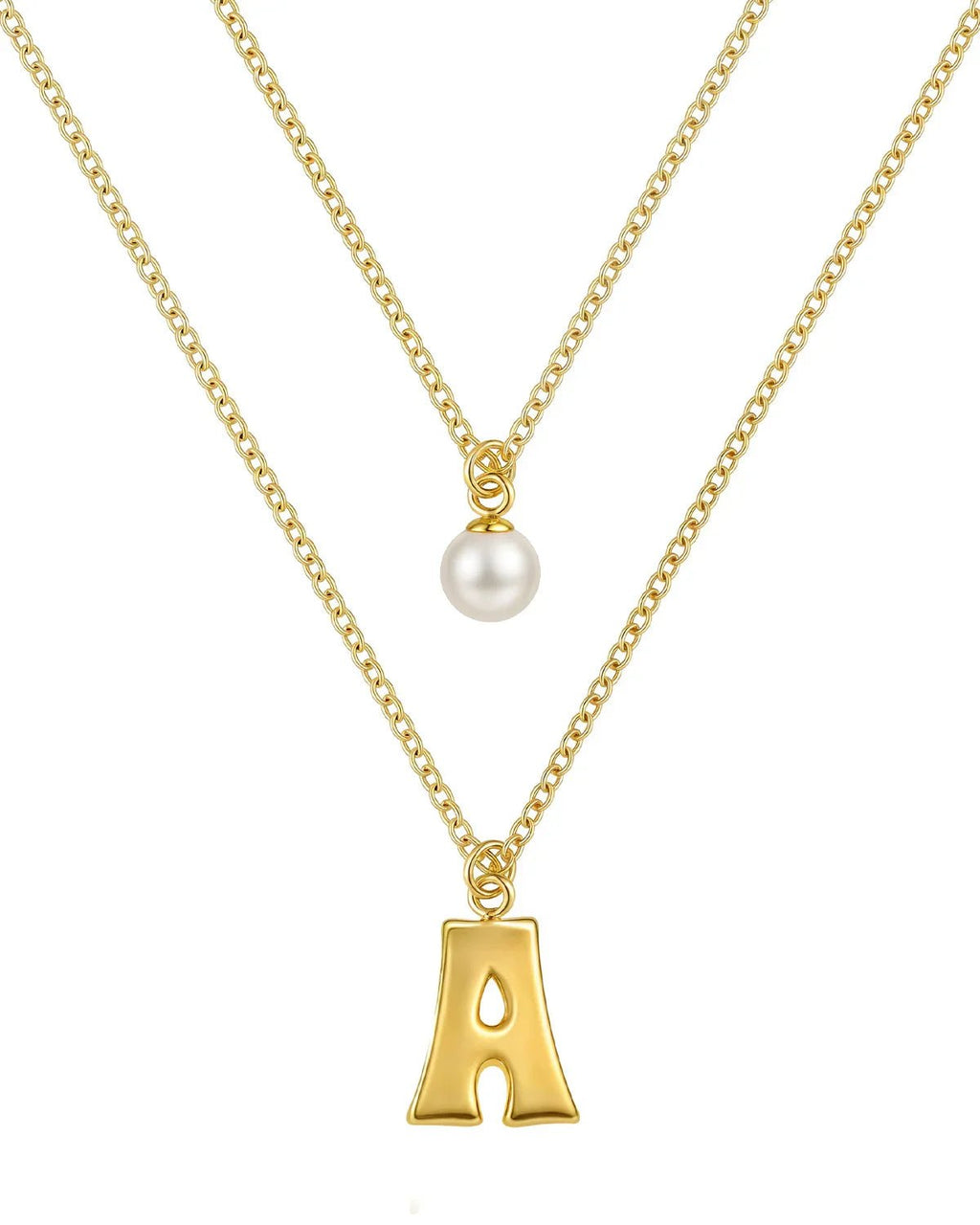 Layered Initial Letter Necklace with Pearl Charm